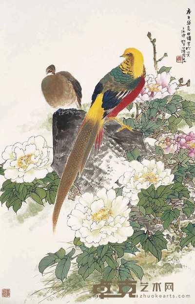 田镛 1990年作 金鸡牡丹 立轴 108×67cm